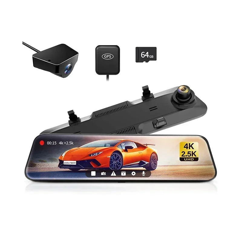 WOLFBOX G900 4K+2.5K Rearview Dash Cam 12" IPS Screen WDR 170 FOV Rear Cam Gps Mirror Car Recorder Stream Media Car DVR