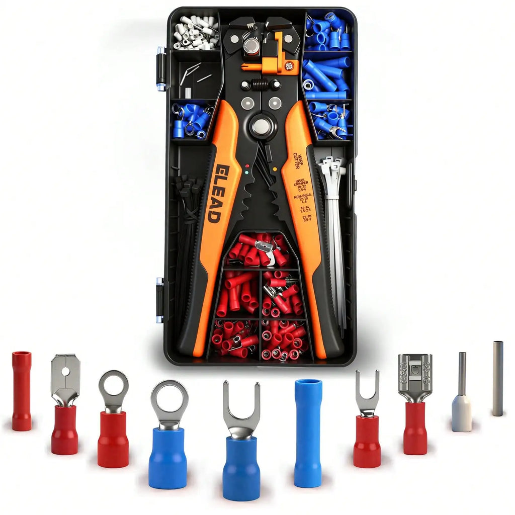 ELEAD 321pcs Wire Connector Kit, Heavy Duty 3-In-1 Automatic Wire Stripper Crimping Cutter Tool, Self-Adjustable Wire Stripper For 10-24 AWG, Includes Ring Terminals, Terminals, Fork Terminals Connector Set, Suitable For Men, Great Father's Day/Husband DI