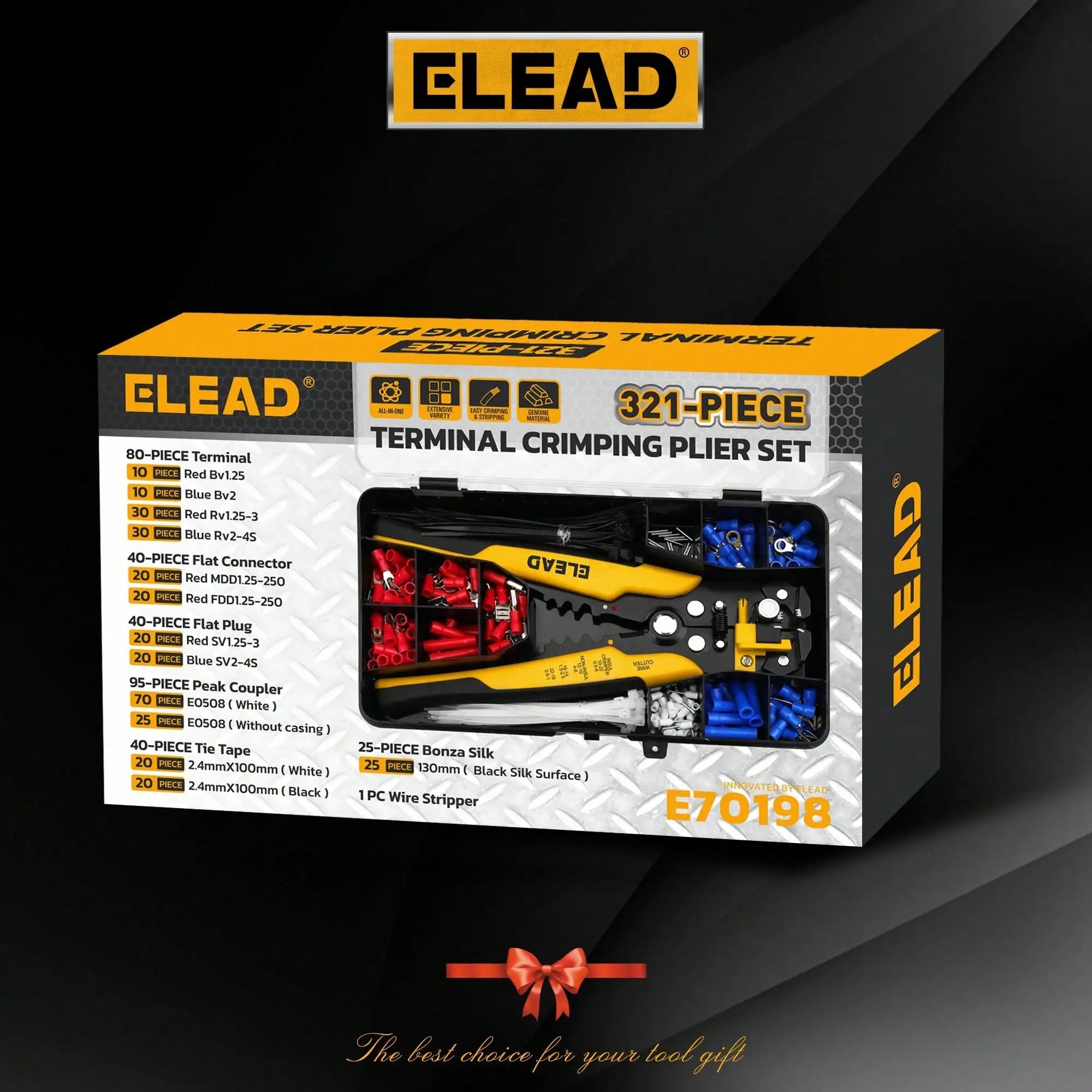 ELEAD 321pcs Wire Connector Kit, Heavy Duty 3-In-1 Automatic Wire Stripper Crimping Cutter Tool, Self-Adjustable Wire Stripper For 10-24 AWG, Includes Ring Terminals, Terminals, Fork Terminals Connector Set, Suitable For Men, Great Father's Day/Husband DI
