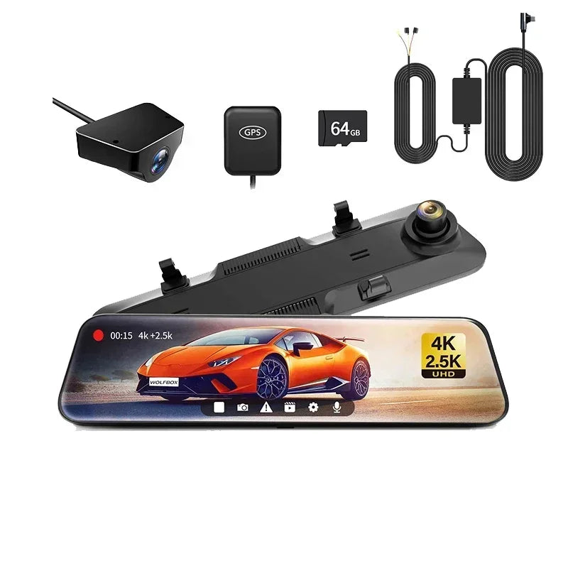 WOLFBOX G900 4K+2.5K Rearview Dash Cam 12" IPS Screen WDR 170 FOV Rear Cam Gps Mirror Car Recorder Stream Media Car DVR