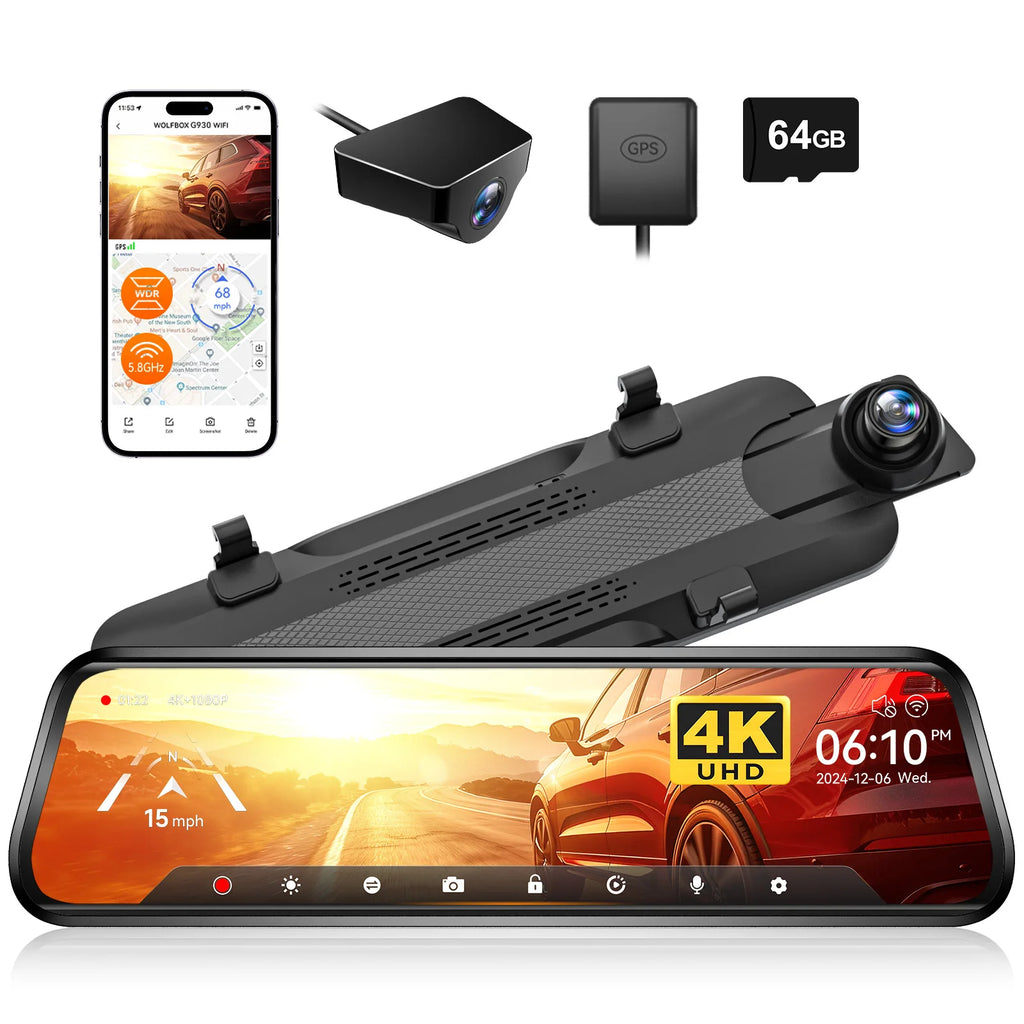 WOLFBOX G930 10 Inch Wifi Dash Camera 4K Car DVR FOV 140 Mirror Camera Dash Cam Car 24H Parking View Touch Screen Video Recorder