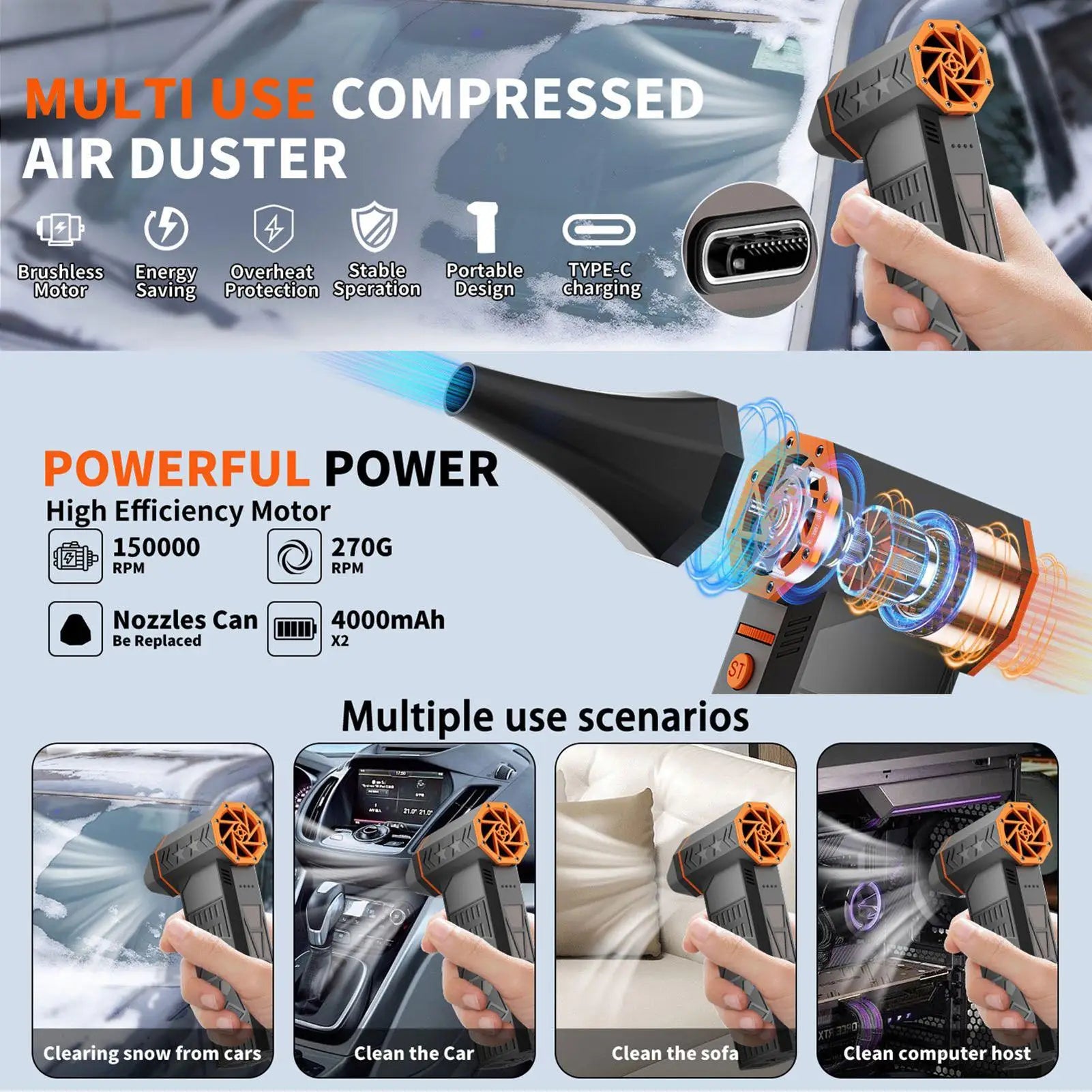 Air Duster For Car Rechargeable Portable Detailing Supplies Car Cleaning Blower Snow Air Duster For Truck RV SUV Frost Household